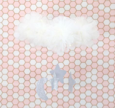 Tulle Clouds Diy, Cotton Clouds Diy, Make Clouds With Cotton Balls, Diy Rain Cloud Decor, Baby Boy Tulle Wreath, Diy Tulle, Diy Clouds, Cloud Mobile, Hanging Diy