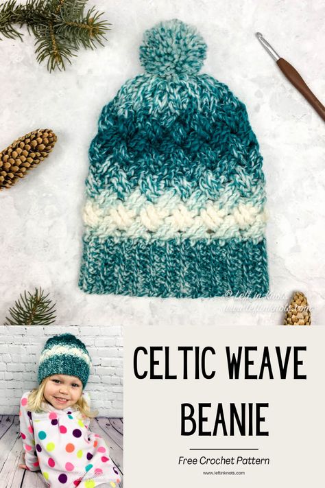 The Celtic Winters Slouchy Hat is a free crochet pattern written in toddler, child and adult sizes. The Celtic weave crochet stitch and Scarfie yarn are pretty much made for each other because…well….just look at that beautiful ombre cable! Keep reading for the free crochet pattern. Crochet Celtic Weave Hat, Crochet Hat Variegated Yarn, Crochet Scarfie Yarn Patterns, Crochet Celtic Weave Stitch, Celtic Weave Crochet, Weave Crochet Stitch, Celtic Weave Stitch, Crochet Celtic, Scarfie Yarn