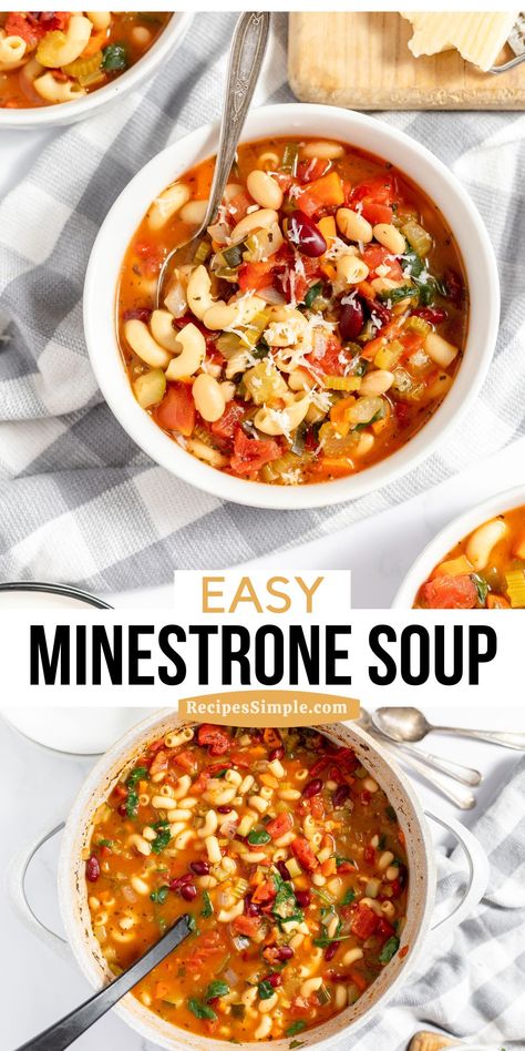 If you need an easy soup recipe, this delicious Minestrone Soup recipe is a hearty soup packed with vegetables, beans, and pasta in a flavorful broth. Minestrone Soup Recipe Easy, Easy Minestrone Soup Recipe, Easy Minestrone Soup, Easy Minestrone, Minestrone Soup Easy, Easy Soup Recipe, Minestrone Soup Recipe, Hearty Soup, Easy Soup