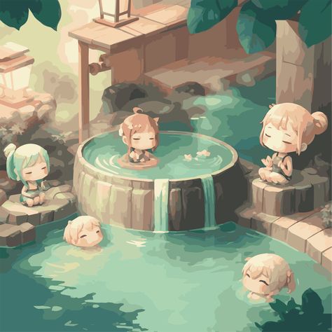 Hot Springs Anime, Cute Kawaii Anime, Spring Illustration, Spring Background, Anime Version, Spring Vacation, Hot Spring, Spring Design, Spring Aesthetic