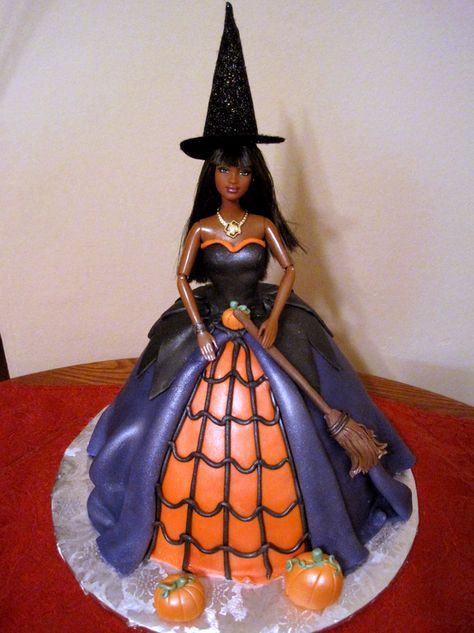 Barbie Halloween Witch Cake Halloween Munch, Witch Cakes, Halloween Witch Cake, Dolly Varden Cake, Barbie Dress Cake, Scary Cakes, Witch Cake, Birthday Cakes For Girls, Dolly Varden