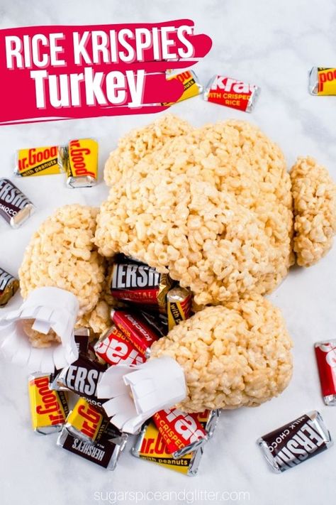 A fun no-bake Thanksgiving dessert that even the pickiest eater will love, this Rice Krispie Turkey is a fun food craft project to make with the kids or just surprise them on Thanksgiving Day with it! Rice Crispy Treat Turkey Leg, Rice Krispie Turkey With Candy Stuffing, Oatmeal Cream Pie Turkey Craft, Turkey Candy Crafts, Rice Krispie Treat Turkey, Rice Krispie Turkey, Turkey Rice Krispie Treats, Turkey Desserts, Thanksgiving Dessert Table