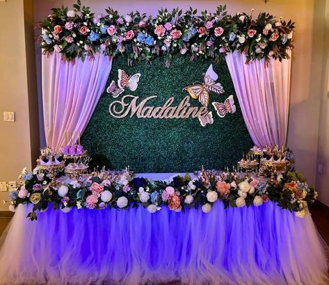 Emerald Green And Lilac Quinceanera Theme, 15 Ñera Ideas, Quince Decorations Flowers And Butterflies, Butterfly Cake Ideas Quinceanera, Different Quince Themes, Quincera Themes Ideas Emerald Green, Photo Backdrop Quinceanera, Double Quinceanera Ideas 30, Enchanted Forest Candy Table Ideas