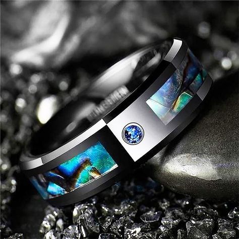 🔴40% Off Second Ring❗Black Tungsten Carbide Ring with Abalone Shell Inlaid. Top Grade Blue Cubic Zirconia. Surface Width: 8mm. Scratch-resistant & Tarnish-resistant. Hardest, Most Durable Metals on Earth. Product ID: Spectrum View at https://www.tiara.com.sg/products/spectrum-tungsten-ring? www.Tiara.com.sg Stone Rings For Men, Black Tungsten Carbide Ring, Black Opal Ring, Bracelet Viking, Black Tungsten, Shell Ring, Tungsten Carbide Rings, Wolfram, Tungsten Wedding Bands