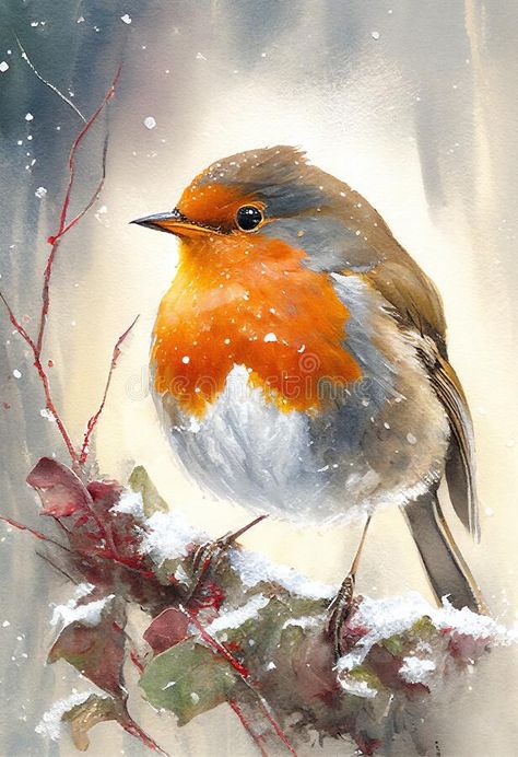 Robin In The Snow, Watercolour Robin Christmas, Christmas Robin Painting, Experimental Watercolor, Outdoors Background, Watercolor Christmas Art, Sparrow Art, Snow Nature, Winter Foliage