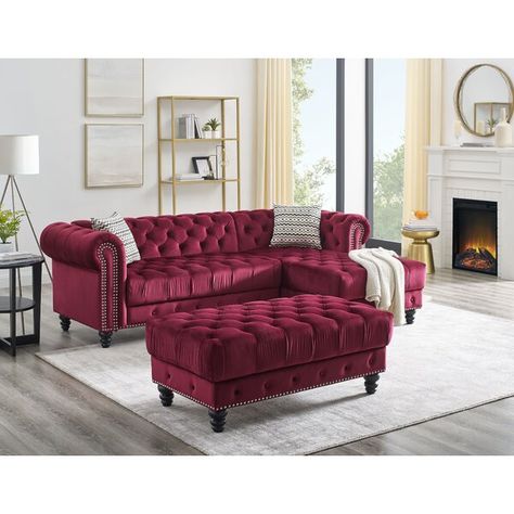 The velvet fabric L shape sectional sofa provides an exquisite touch to any modern living area and makes an excellent addition to any living area. Red Sectional Sofa, Tufted Sectional Sofa, Sofa Santai, Furnitur Ruang Keluarga, Sofa L, Velvet Sectional, Sectional Sofa With Chaise, Set Sofa, 2 Pillows