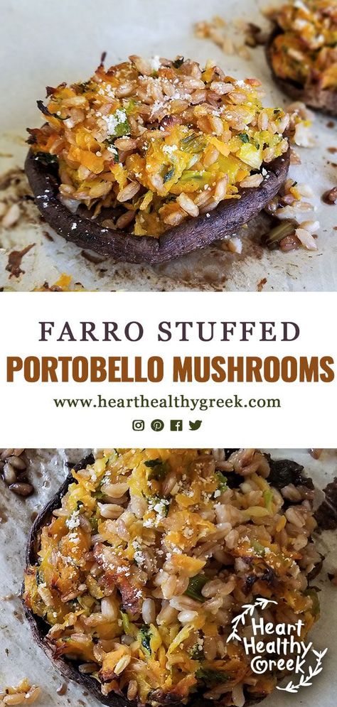 This recipe for Farro Stuffed Portobello Mushrooms has a filling of farro and sauteed vegetables. Its a filling vegetarian dish thats warm and comforting! #stuffedmushrooms #stuffedportobellomushrooms #mushroomrecipes Portobello Mushroom Recipes Healthy, Portobello Mushrooms Stuffed, Healthy Greek Recipes, Portabella Mushrooms Recipes, Great Vegetarian Meals, Vegetarian Stuffing, Mushrooms Stuffed, Mushroom Side Dishes, Stuffed Portobello Mushrooms