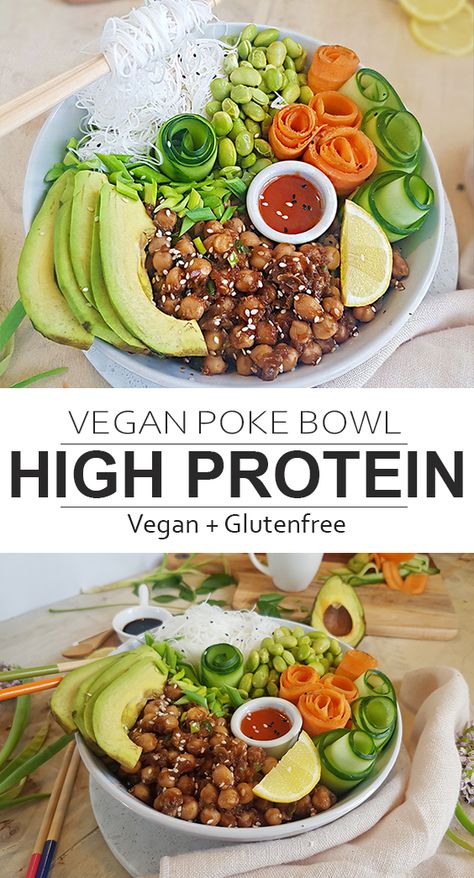 This is a High Protein, but No Tofu Vegan Poke Bowl. It’s high in protein and features chickpeas cooked in delicious sriracha and tamari sauce marinade and paired with rice vermicelli, cucumber, carrots, edamame, spring onions, and avocado. An amazingly easy and quick vegan dinner is served. Chickpea Poke Bowl, Poke Bowl Recipe Vegetarian, Protein Poke Bowls, High Protein Poke Bowl, Vegan Poke Bowl Recipe, High Protein Sushi Bowl, Poke Bowl Vegetarian, Aip Bowls, Chickpeas Bowl