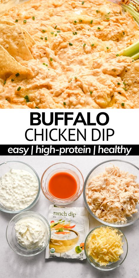 Chicken Dip Without Cream Cheese, Yogurt Buffalo Chicken Dip, High Protein Buffalo Chicken Dip, Protein Buffalo Chicken Dip, High Protein Buffalo Chicken, Healthy Buffalo Chicken Dip, Cottage Cheese Recipes Healthy, Chicken Dip Recipe, Buffalo Chicken Dip Recipe