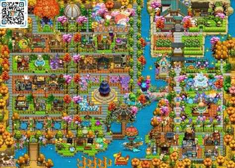 Town Design Ideas, Stardew Farm Ideas, Sun Haven, Stardew Farm, Farm Layouts, Harvest Town, Terraria House Design, Stardew Farms, Stardew Valley Mods