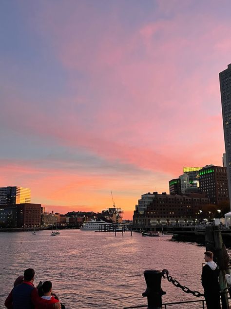 sunset over the boston harbor. there are many colors including pink, purple, orange, blue, and yellow. Boston Harbor Aesthetic, All American Aesthetic, Better In Boston, Boston Life, Boston Living, Boston Aesthetic, Cambridge Boston, Boston Vacation, American Aesthetic