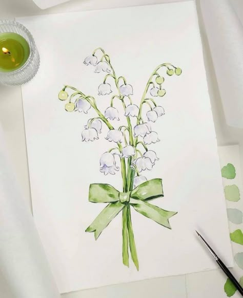 Lily Of The Valley Drawing, Lily Of The Valley Flowers, Watercolor Flower Art, Cute Doodle Art, Painting Art Projects, Lily Flower, Flower Tutorial, Diy Art Painting, Pottery Painting