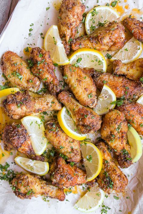 CRISPY Air-Fryer Lemon Pepper Wings Garlic Parmesan Wings Recipe, Parmesan Wings Recipe, Wings Air Fryer, Creamy Garlic Parmesan Sauce, Easy Chicken Wing Recipes, Air Fryer Wings, Parmesan Wings, Lemon Pepper Chicken Wings, Garlic Parmesan Wings