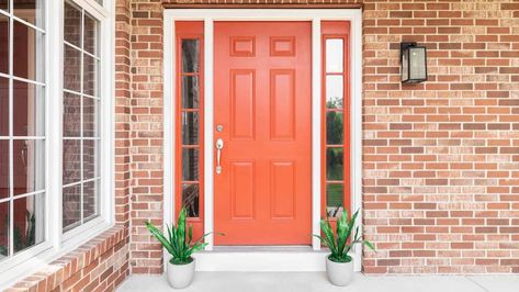 10 Best Front Door Colors for Red Brick Houses Red Brick Door Color, Door Colors For Red Brick House, Front Door Red Brick House, Front Door Brick House, Brown Brick Exterior, Coral Front Doors, Ranch Renovation, Orange Front Doors, Best Front Door Colors