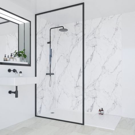 Multipanel Linda Barker Bathroom Wall Panel Hydrolock Calacatta Marble | City Plumbing Supplies Bathroom Calacatta, Marble Bathroom Wall, Calacatta Marble Bathroom, Linda Barker, Waterproof Wall Panels, Bathroom Wall Panels, Marble Showers, Shower Wall Panels, Calacatta Marble