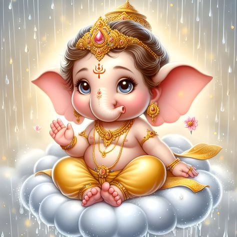 A cute baby Ganesha sits on a fluffy cloud, adorned in gold jewelry with a warm, gentle smile. Surrounded by raindrops, his expression radiates divine innocence and joy. Little Ganesha Cute, Baby Ganesha, Ganesh Chaturthi, Lord Ganesha, Ganesha, Graphic Resources, Gold Jewelry, Festival, Gold