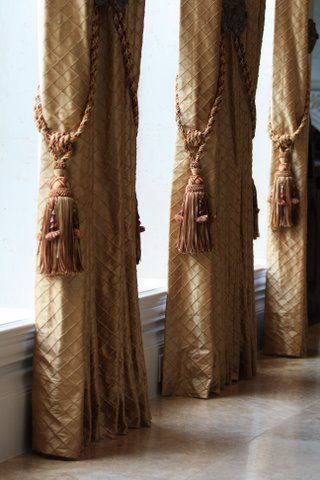 Hallways Inexpensive Window Treatments, Custom Drapery Designs, Large Tassels, Window Treatments Ideas, Harlequin Fabrics, Gold Drapes, Drapery Designs, Window Treatments Living Room, Luxury Curtains