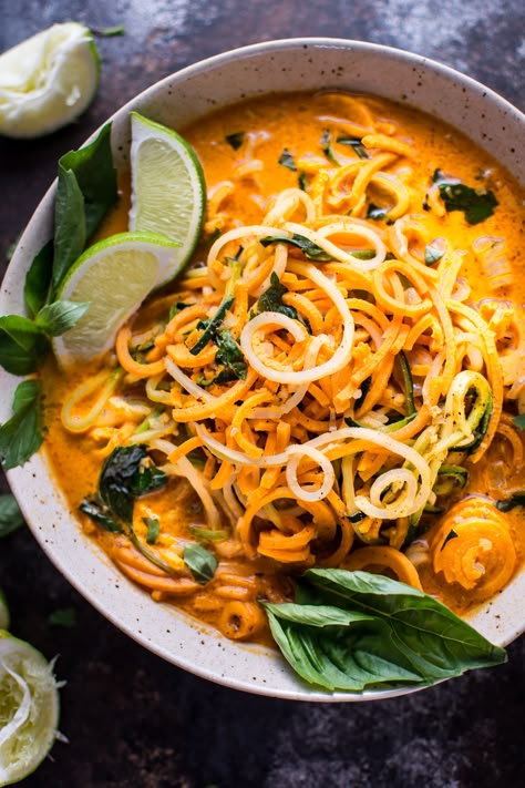 A light and fresh soup with spiralized sweet potato, zucchini, and celery root vegetable "noodles". Soup With Zucchini, Sweet Potato Zucchini, Potato Zucchini, Spiralized Sweet Potato, Coconut Curry Soup, Vegan Dinner Recipes Easy, Vegetarian Comfort Food, Vegetable Noodles, Celery Root