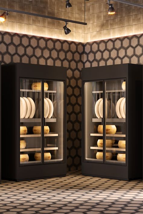 Cheese Shop Design, Gourmet Food Store Retail Design, Cheese Display Ideas Retail, Deli Display Case Ideas, Commercial Wine Display, Crockery Display, Meat Refrigerator Display Industrial, Display Refrigerator, Pasta Shop