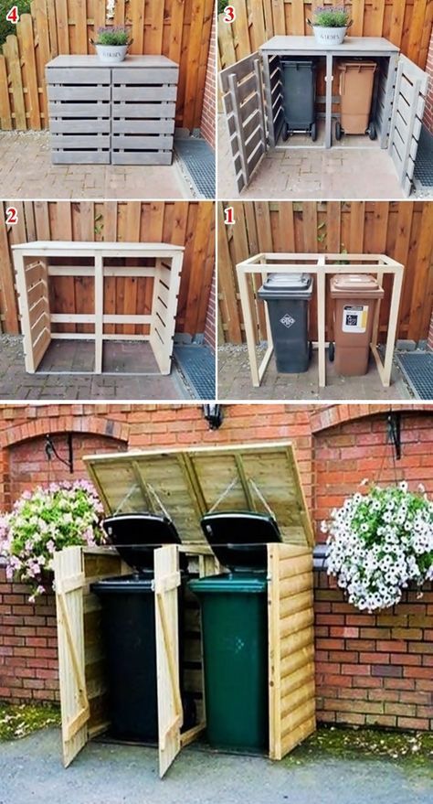 Hidden Outdoor Trash Can, Garbage Shed Diy, Pallet Trash Can Cover, Diy Trash Can Storage Outdoor Pallets, Trash Can Cover Outdoor Diy, Bin Covers Wheelie, Conceal Trash Cans Outside, Pallet Garbage Can Storage Outdoor, Wheely Bin Storage Ideas