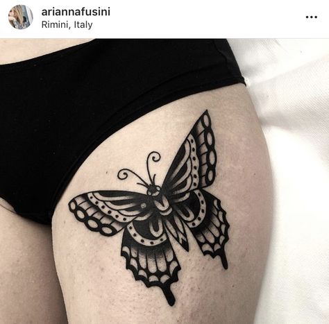 Metamorphosis Tattoo, Butterfly Thigh Tattoo, Traditional Butterfly Tattoo, Upper Thigh Tattoos, Borboleta Tattoo, Tattoo Style Art, Traditional Tattoo Inspiration, Neotraditional Tattoo, Traditional Tattoo Sleeve