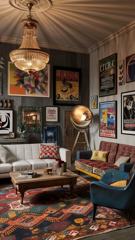 Cluttered Interior Design, Living Room Eccentric, Funky Sitting Room Ideas, Living Room Designs Funky, Electric Style Living Room, Eclectic Lounge Room, Artsy Eclectic Decor, Mcm Maximalist Living Room, Mixed Living Room Furniture