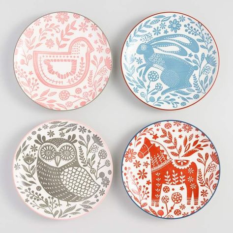 Cost Plus World Market Scandi Folklore Animal Salad Plates Set of 4 #affiliatelink Folklore Decor, Deb Ball, Animal Plates, Ceramic Cafe, Jesse Tree, Painted Ceramic Plates, Folk Art Flowers, Pottery Painting Designs, Scandinavian Ceramic