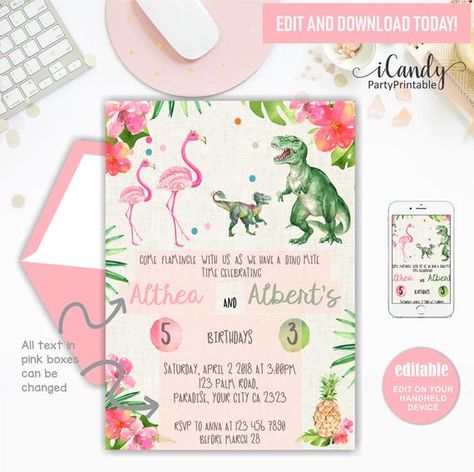 Flamingo invitation Dinosaur Invitation Joint Party | Etsy Brother And Sister Shared Birthday Party Ideas, Siblings Birthday Party Ideas Combined, Sibling Birthday Party Brother Sister, Brother Sister Birthday Party Themes, Brother And Sister Birthday Party Ideas, Double Birthday Party Ideas, Toddler Birthday Themes, Shared Birthday Parties, Double Birthday Parties