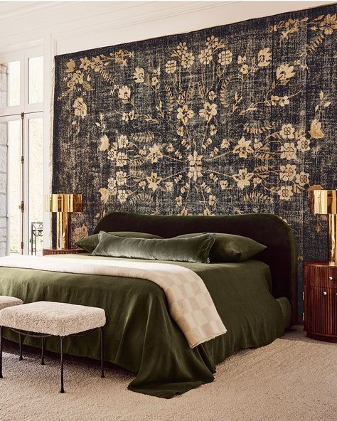 Shades of green, touches of unlacquered brass, a vintage-inspired rug on the wall—with our best-selling pieces, this bedroom suite embodies true European ease and elegance. Green Queen, Velvet Bed, King Pillows, Wood Nightstand, King Sheet Sets, Sheet Sets Queen, Lumbar Pillow Cover, Queen Duvet, Queen Duvet Covers