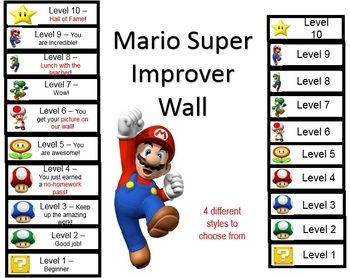 Super Mario Super Improver Wall Mario Bros School Theme, Mario Brothers Classroom Theme, Mario Classroom Theme, Super Mario Classroom, Super Improvers Wall, Mario Classroom, State Testing Motivation, Super Mario Room, Mario Day