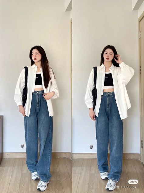 Ootd Non Hijab, Maong Pants, K Outfits, Non Hijab, Korean Fits, Big Legs, Outfit Korean, Korean Casual Outfits, Korean Casual