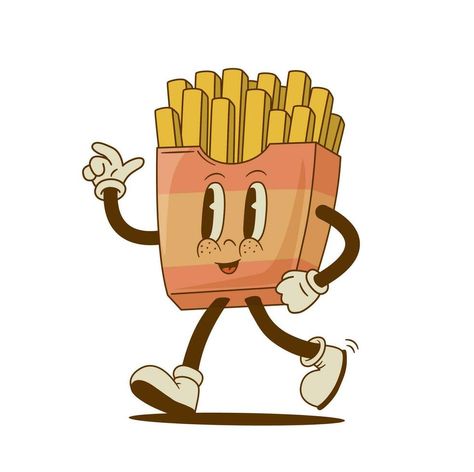 French Fries Illustration, Potato Character, Food Mascot, Food Icon, Funny French, Rubber Hose, Retro Cartoon, Graphic Design Photoshop, Design Photoshop