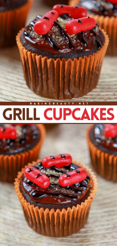 A Father's Day dessert recipe featuring moist chocolate cupcakes! Anyone can handle this Father's Day cupcake idea. Topped with chocolate frosting and decorated to look like a grill, this is such a fun cupcake design! Surprise Dad with these BBQ grill cupcakes! Father’s Day Cupcakes Simple, Father Day Desserts, Summer Cupcakes Ideas For Kids, Desserts For Father’s Day, Father's Day Cupcakes Ideas, Decorated Cupcakes Ideas, Fathers Day Dessert, Bbq Cupcakes, Grill Cupcakes