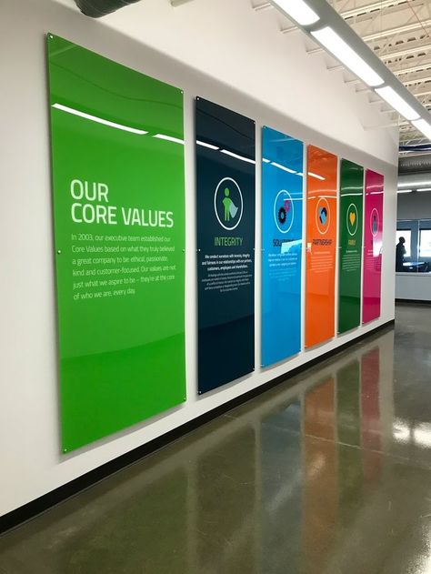 Corporate Office Corridor Design, Core Value Wall Design, Corporate Wall Design Graphics, Company Lobby Design, Office Lobby Signage, Production Room Design, Branding Office Design, Corporate Office Branding Wall, Core Values Wall Art