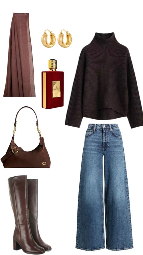 A/W outfit, hijabi outfit inspo, coach bag, dolce vita boots, blue jeans, oversized sweater, arab perfume, brown modal hijab outfit Hijab Fall Outfits, Modal Hijab, Dolce Vita Boots, Hijabi Outfit, Blue Jean Outfits, Sweater Outfits Fall, Modesty Outfits, Effortlessly Chic Outfits, Brown Outfit