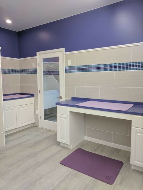 Dog Grooming Salon Setup, Pet Store Design, Dog Thoughts, Purple Dog, Dog Grooming Shop, Dog Spa, Dog Grooming Salons, Grooming Shop, Grooming Salon