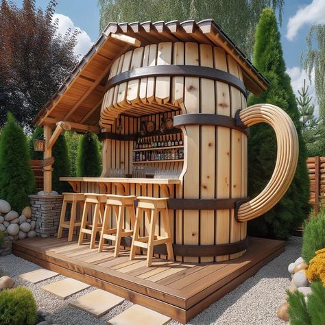 Unique Beer Themed Outdoor Bars for Your Home - Barrel House, Outdoor Bar Design Ideas, Outside Bar Ideas, Outdoor Bar Ideas, Backyard Beer Garden, Beer Bar Design, Rustic Outdoor Bar, Beer Garden Ideas, Bar Exterior