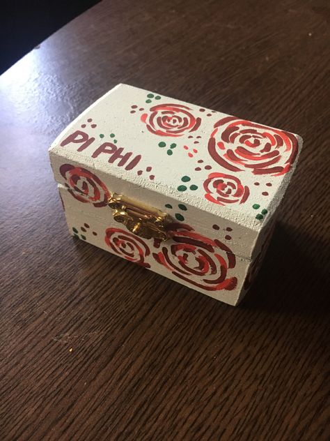 Sorority Box Ideas, Sorority Memory Box Ideas, Pin Boxes Sorority, Sorority Pin Box Ideas, Pin Box Sorority, Sorority Pin Box, Sorority Event Ideas, Omega Phi Alpha, Badge Box