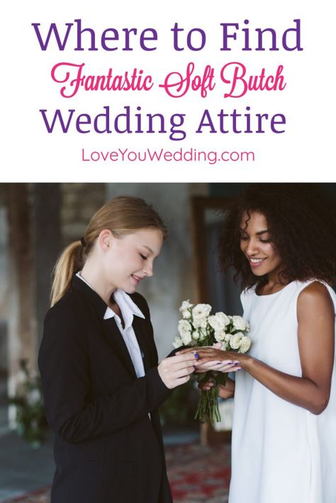 If you're having a hard time finding the perfect soft butch wedding attire for your upcoming nuptials, check out our top 7 favorite places to shop! #lgbtwedding #loveyouwedding #gaywedding #gayweddingideas Butch Wedding Attire, Lgbt Wedding Attire, Dapper Bride, Lesbian Wedding Suit, Lesbian Engagement Ring, Lesbian Engagement Pictures, Soft Butch, Lesbian Wedding Outfits, Lesbian Wedding Rings