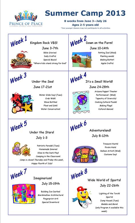 summer camp calendar 2013 - I love this idea to devote a week to different themes Summer School Themes, Summer Daycare, Preschool Summer Camp, Farm Animals Preschool, Daycare Themes, Summer Camp Themes, Summer Day Camp, Summer Camp Activities, Summer Schedule