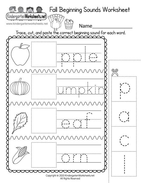 Fall words are missing letters! In this free autumn-themed phonics worksheet, kids are asked to cut and paste the correct beginning sound for each fall-related word and then trace the letters. This printable activity covers the following fall-related words: apple, pumpkin, leaf, and corn. Phonics Practice Kindergarten, Fall Phonics Activities Kindergarten, Kindergarten Fall Worksheets Free Printables, Fall Alphabet Activities Kindergarten, Fall Letter Sounds Activities, Fall Beginning Sounds Kindergarten, Fall Word Work First Grade, Spelling Worksheets Kindergarten, Thanksgiving Worksheets Kindergarten