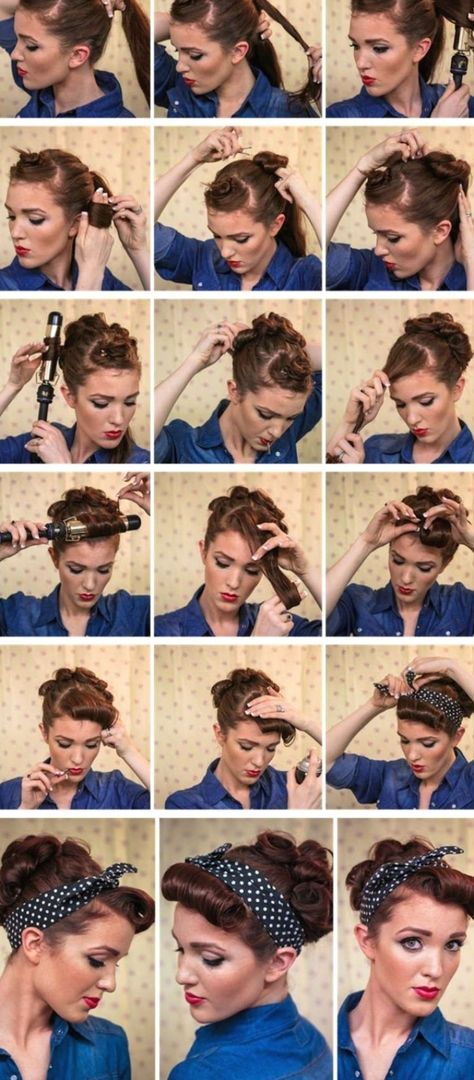 1950s Hair Tutorial, 1950s Hairstyles For Long Hair, Easy 50s Hairstyles, Maquillage Pin Up, 50s Hair, Cabelo Pin Up, Pinup Hair, Vintage Hairstyles Tutorial, 1950s Hairstyles