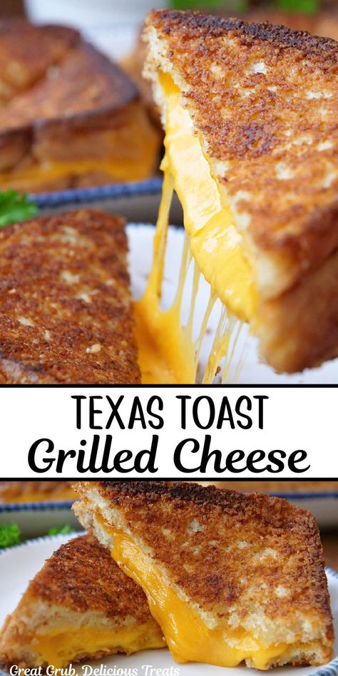 A double collage photo of a grilled cheese sandwich with a Parmesan garlic butter crust with the gooey cheese. Grilled Cheese With Texas Toast, Texas Toast Sandwich, Recipes Using Texas Toast, Baked Grilled Cheese Sandwich, Texas Toast Sandwich Ideas, Texas Toast Grilled Cheese, Ultimate Grilled Cheese Sandwich, Texas Toast Bread, Homemade Grilled Cheese