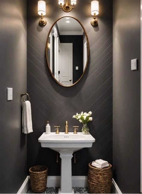 Dark Half Bathroom Ideas, Guest Toilet Ideas Small Luxury, Small Powder Bathroom, Modern Powder Room Design, Small Dark Bathroom, Small Powder Bathroom Ideas, Powder Bathroom Ideas, Luxury Powder Room, Half Bath Decor