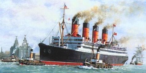 RMS Aquitania | RMS Aquitania departs Liverpool on her maiden voyage on May 30, 1914 Cunard Ships, Cunard Line, Maritime Art, Red Hibiscus, Ship Paintings, Tall Ships, Ship Art, Cruise Ship, Titanic