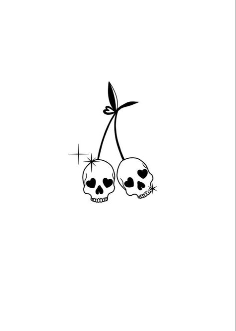 Skeleton Cherry Tattoo, Cool Sticker Tattoos, Cherry Skull Drawing, Small Cute Skull Tattoos, Tiny Skull Tattoo Simple, Spooky Woman Tattoo, Skull Cherry Tattoo Simple, Cherry Skull Tattoo Design, Spooky Skull Tattoo