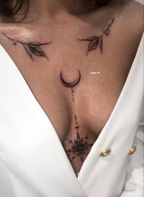 Chest Tattoos Feminine, Sternum To Chest Tattoo, Womens Tattoos Chest, Women’s Sternum Tattoo Ideas, Sternum Tattoos For Big Chested Women, Star Sternum Tattoo Women, Sternum Tattoo Large Bust, Sternum Tatoos Woman, Animal Sternum Tattoo