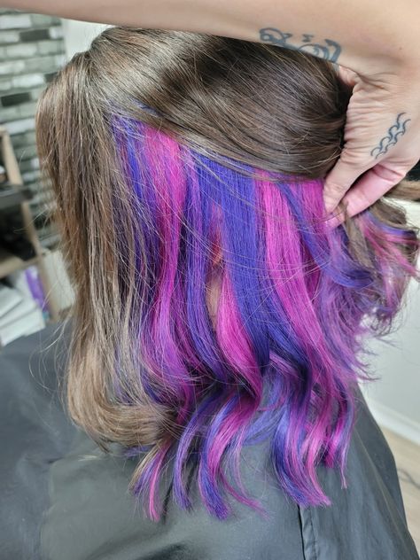 Multicolor Peekaboo Hair, Pink Purple Peekaboo Hair, Pink And Purple Peak A Boo Hair, Peekaboo Hair Color Layers, Peekaboo Hair Color Shoulder Length, Blue Hair Underneath, Peak A Boo Hair, Purple Peekaboo Hair, Pink Peekaboo Hair