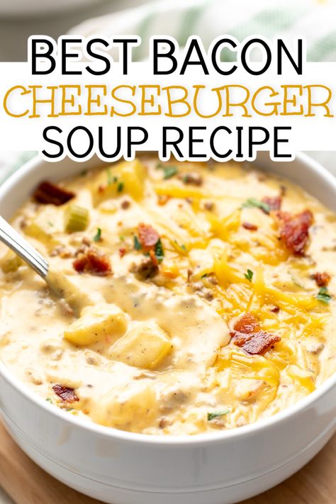 Spoon dipping into a bowl of soup. Extra Creamy Slow Cooker Cheeseburger Soup, Bacon Hamburger Soup, Bacon Cheeseburger Soup Recipe, Extra Creamy Cheeseburger Soup, Dutch Oven Cheeseburger Soup, Bacon Cheeseburger Soup Stovetop, Bacon Cheeseburger Potato Soup, Bacon Cheese Burger Soup, Cheese Burger Potato Soup