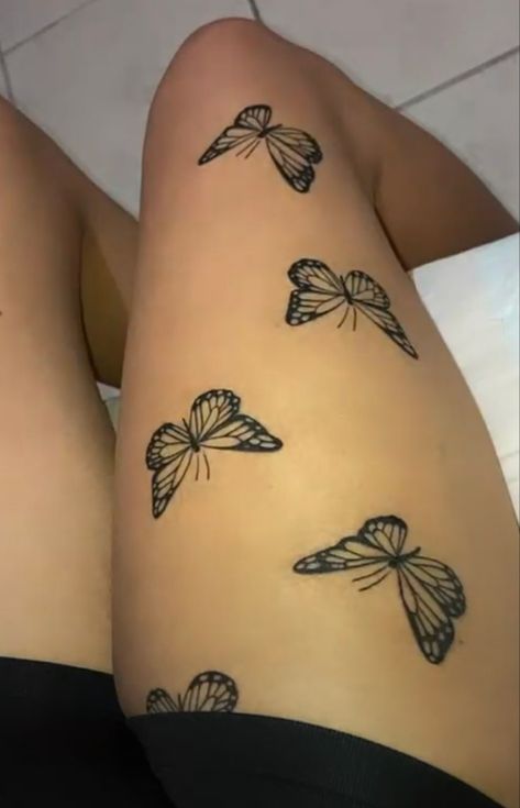 Tattoo Butterfly Thigh, Butterfly Knee Tattoos Women, Front Of Leg Tattoos Women, Thigh Tattoo Butterfly, Tattoo Women Leg, Tattoo Ideas Leg Female, Tattoo Butterfly Design, Butterfly Leg Tattoo, Butterfly Leg Tattoos